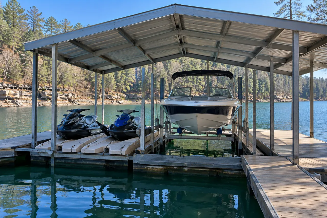 A runabout raised out of the water on a boat lift inside a covered slip, with two personal watercraft on floats beside it