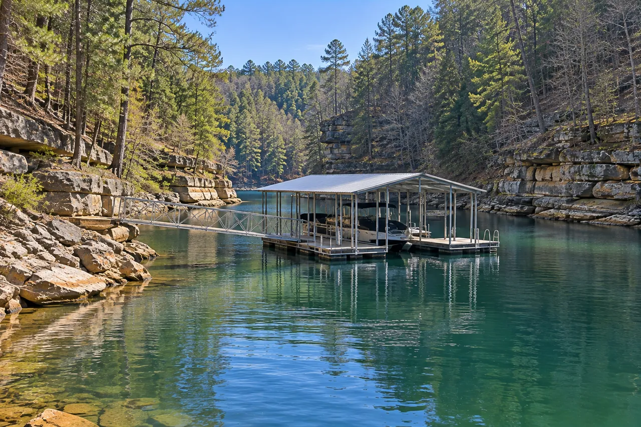 A covered floating boat dock with a metal roof in a deep, wooded lake cove
