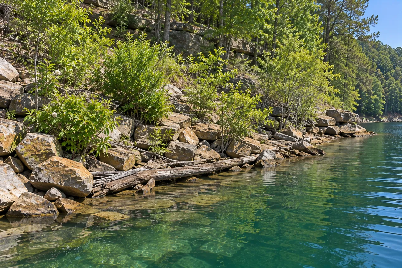 Young native shrubs growing between large angular rocks on a lake bank, with a log laid among the stones at the waterline