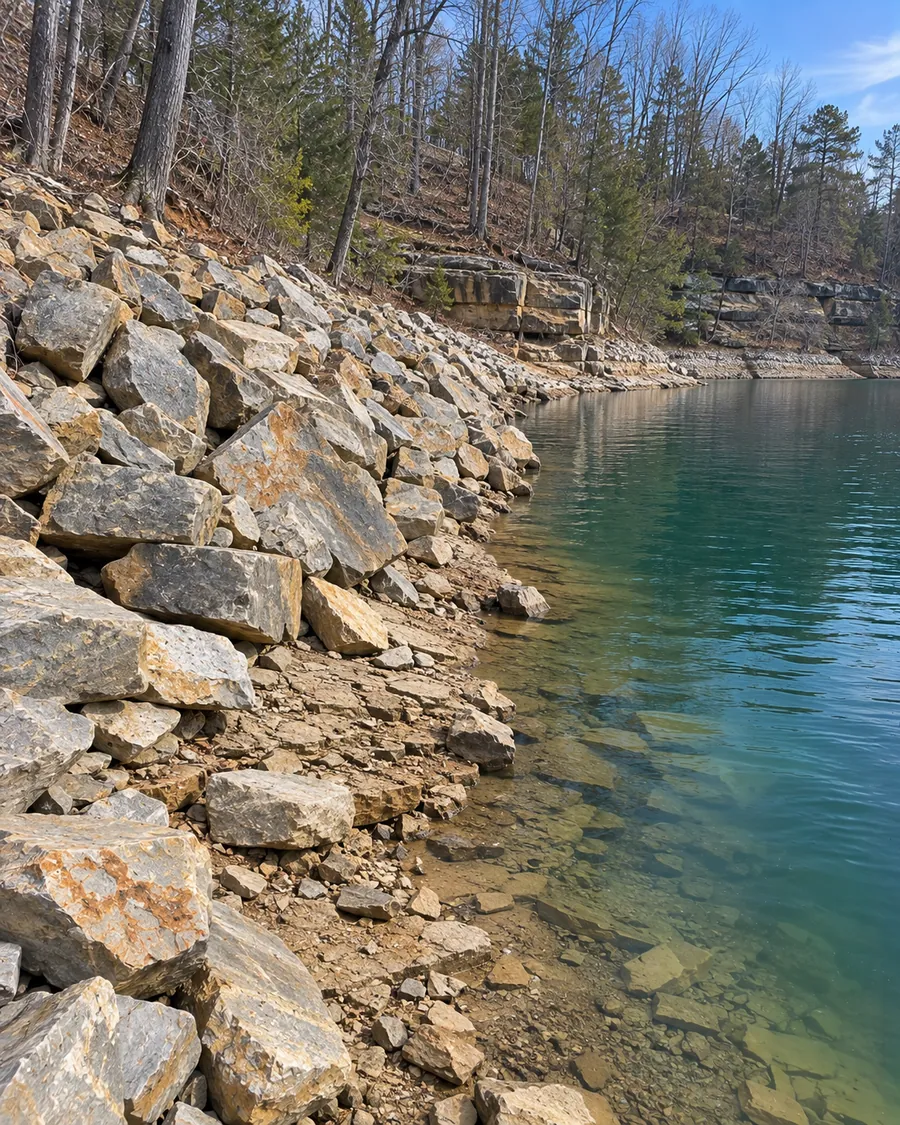 Gray-tan angular riprap stone along a steep wooded lake bank, with the water low and a strip of bare lakebed showing