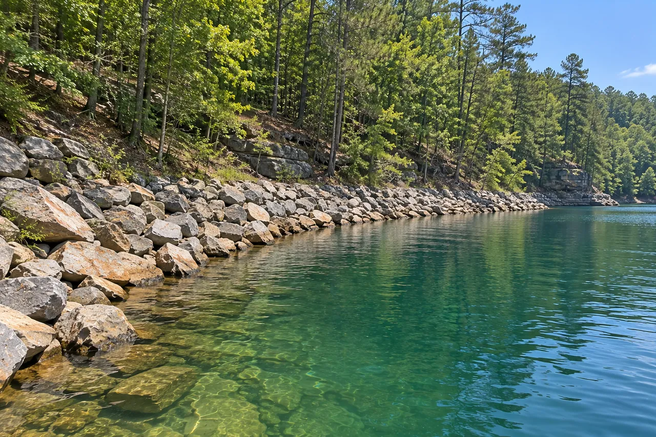 A band of gray-tan riprap stone along the curve of a wooded lake cove, with clear green water at its edge